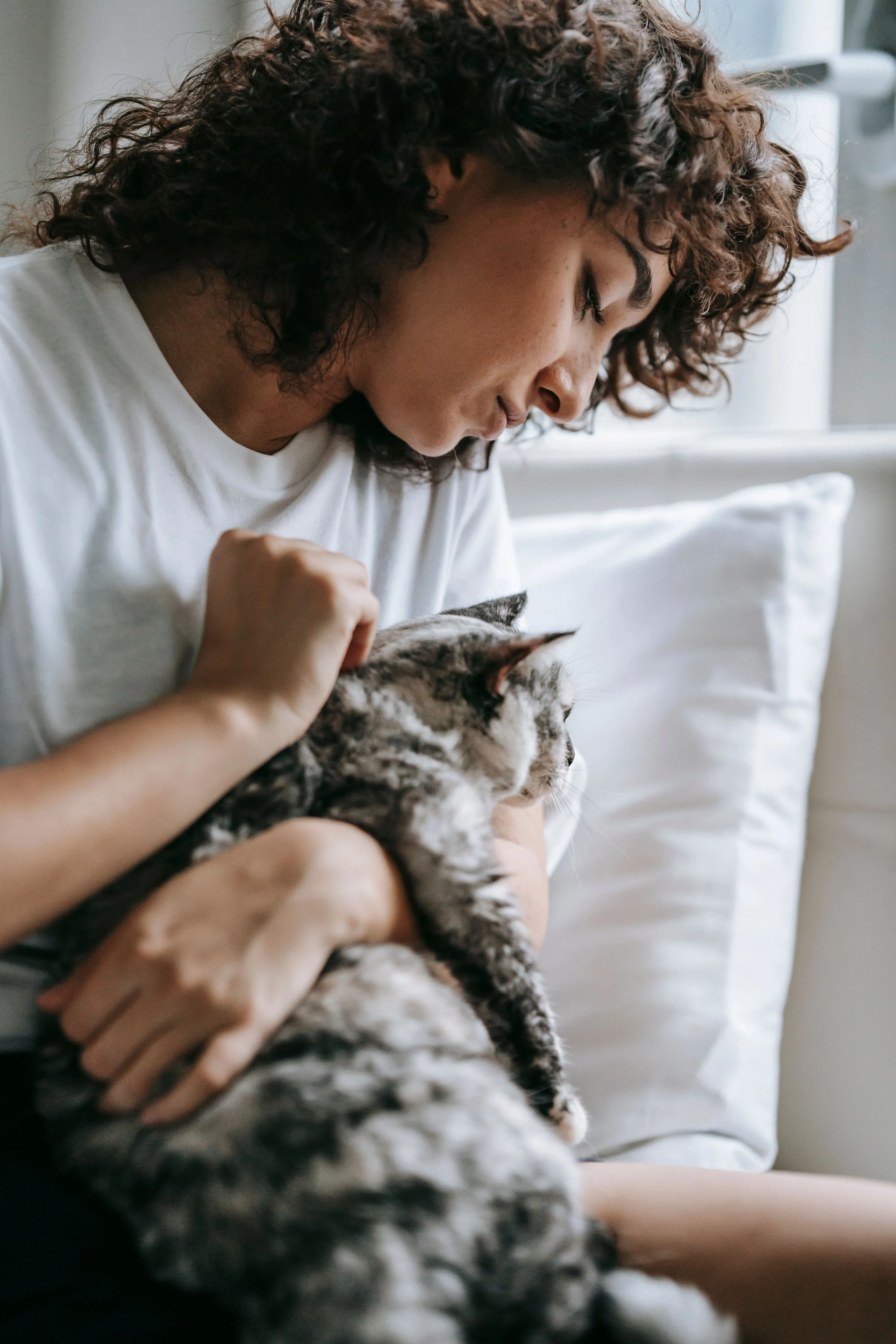 Young female in casual outfit sitting on bed near pillow and stroking cute fluffy cat