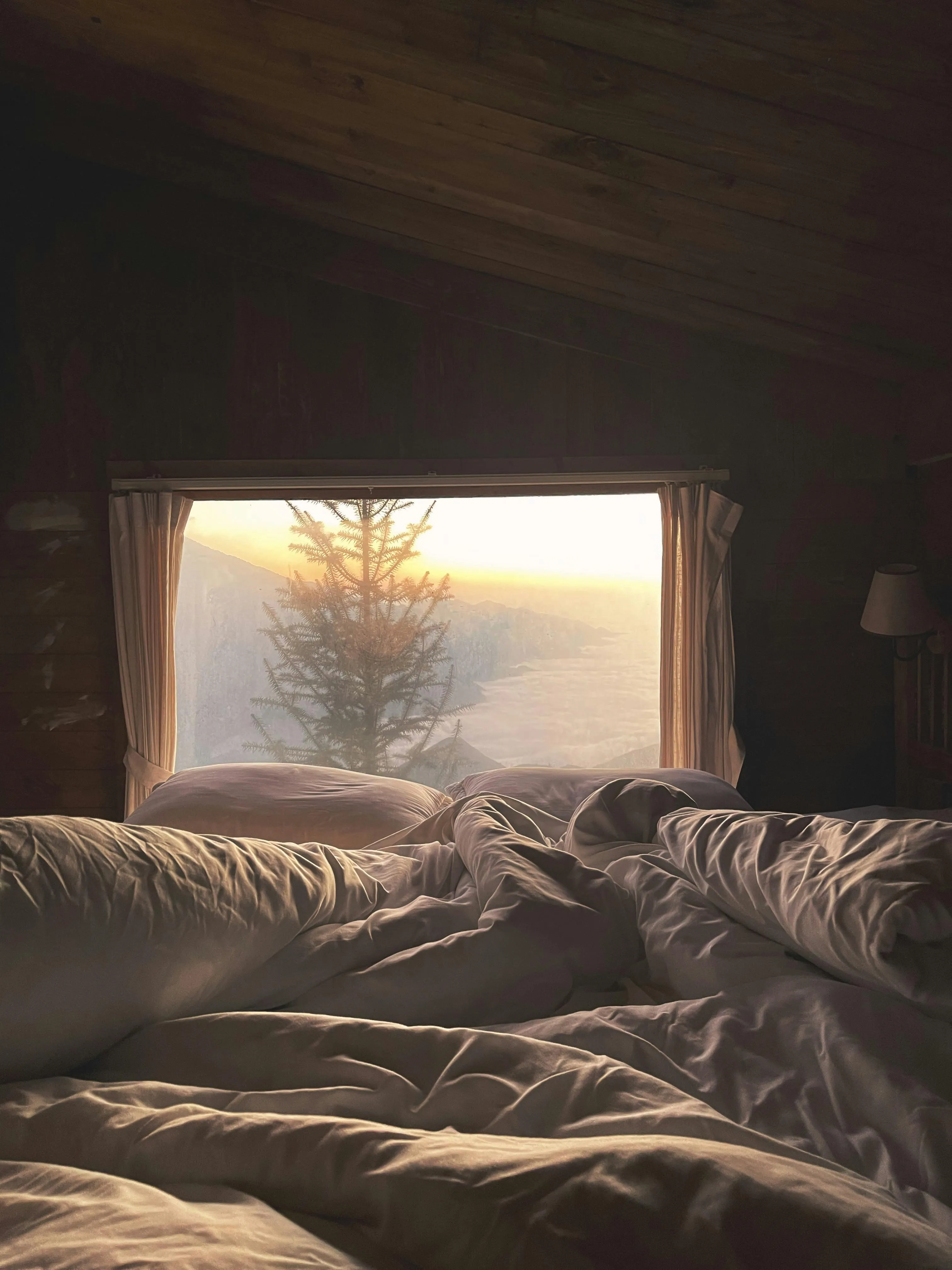 A serene bedroom with a view of sunrise through a large window in a rustic cabin.