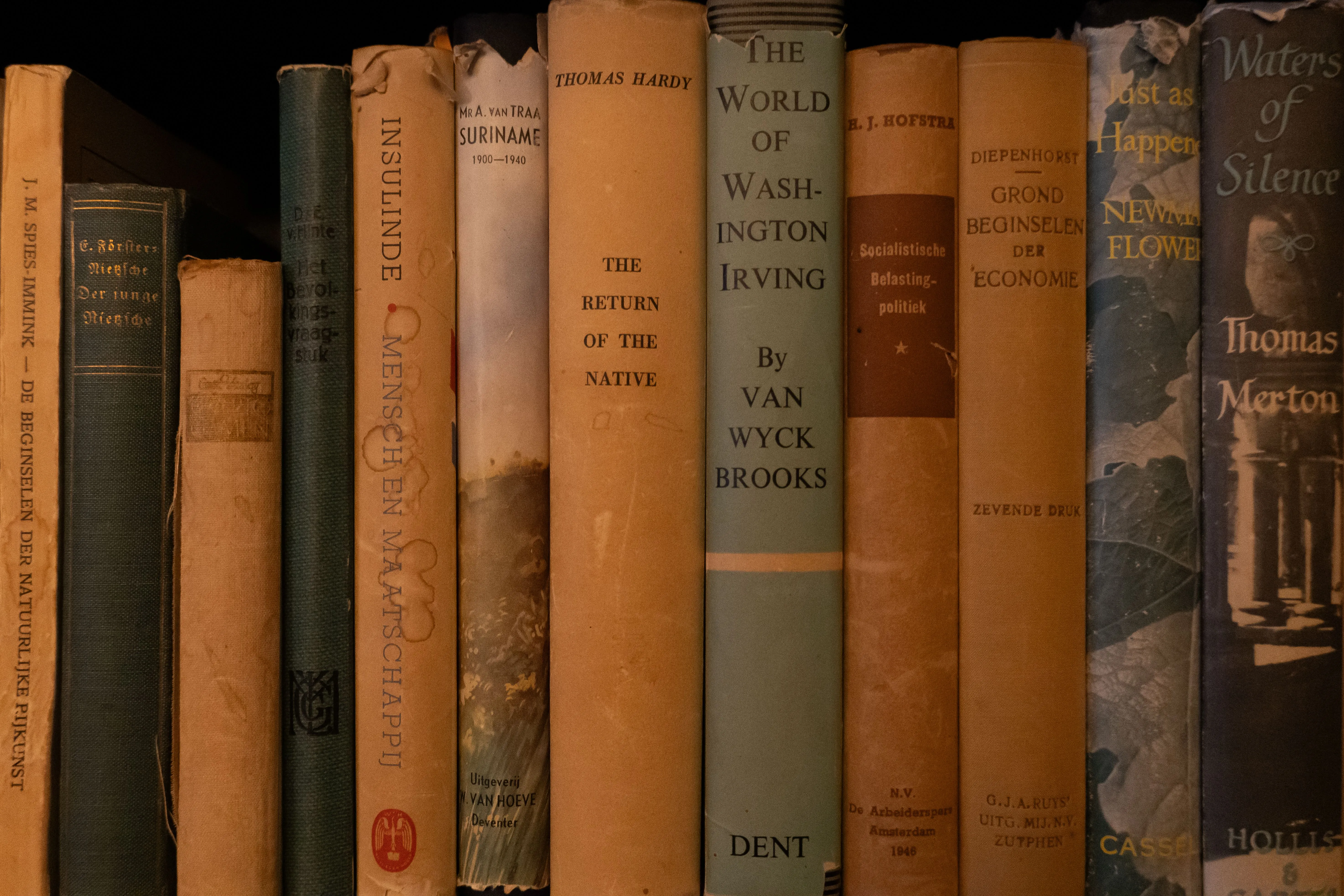 A collection of vintage books arranged on a shelf showcasing their spines.